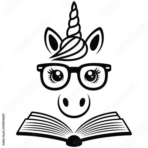 Black and white vector illustration of a unicorn face with book crown and glasses, bookworm unicorn concept