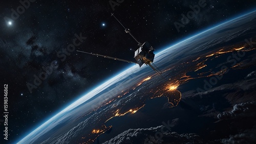 Photorealistic Satellite Orbiting Earth Against Starry Night Sky V3