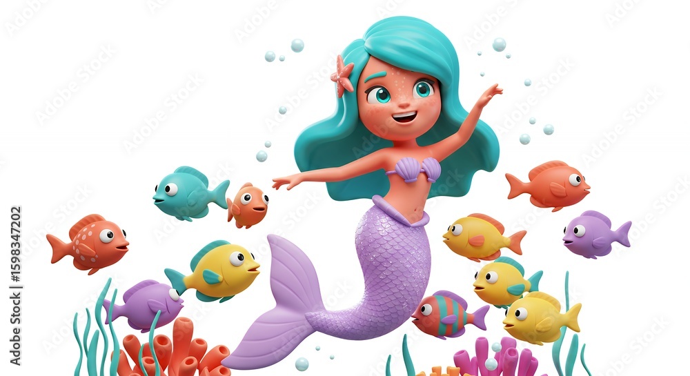 Naklejka premium Cartoon mermaid with fish in underwater scene