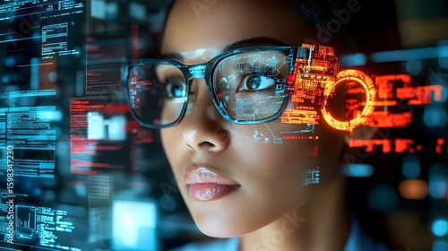 Cybersecurity Data Streams Blending with Female IT Professional s Digital Portrait