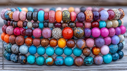 Multicolored beaded bracelets stacked on a wooden surface.