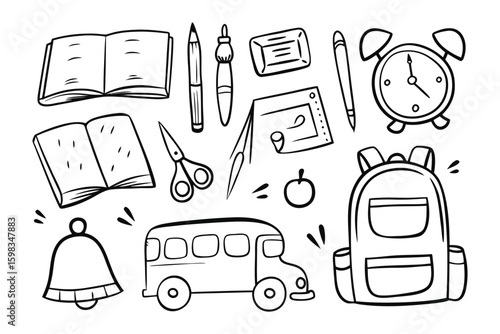 School Essentials Illustration: An artistic collection of hand-drawn school supplies and elements, including a backpack, books, pens, and the iconic school bus, perfect for educational themes. 