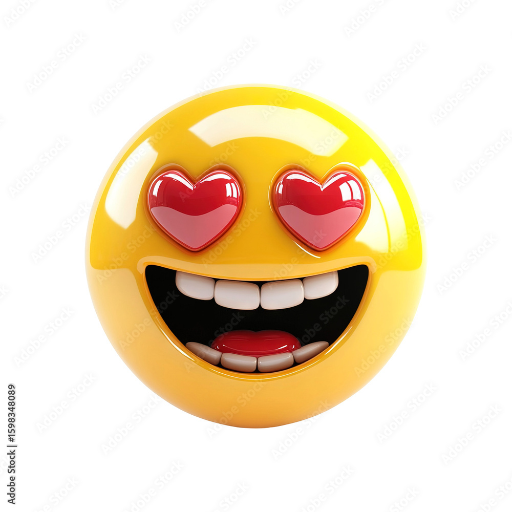Fototapeta premium 3D heart eyes emoji with smile love reaction Icon isolated on transparent white background, clipping path