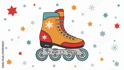Roller Skate Illustration with Winter Themed Design Featuring Snowflakes and Colorful Stars Against a White Background