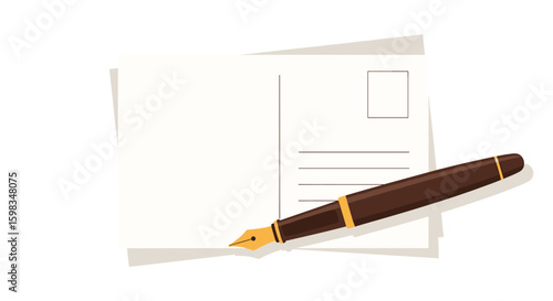 Postcards with fountain pen in flat style on white background