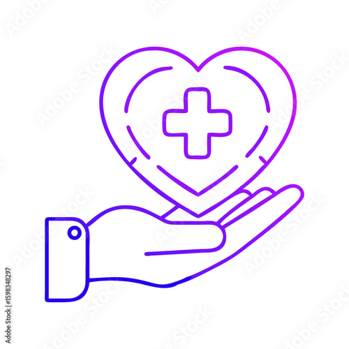 Hand holding heart symbol with medical cross in purple outline  
