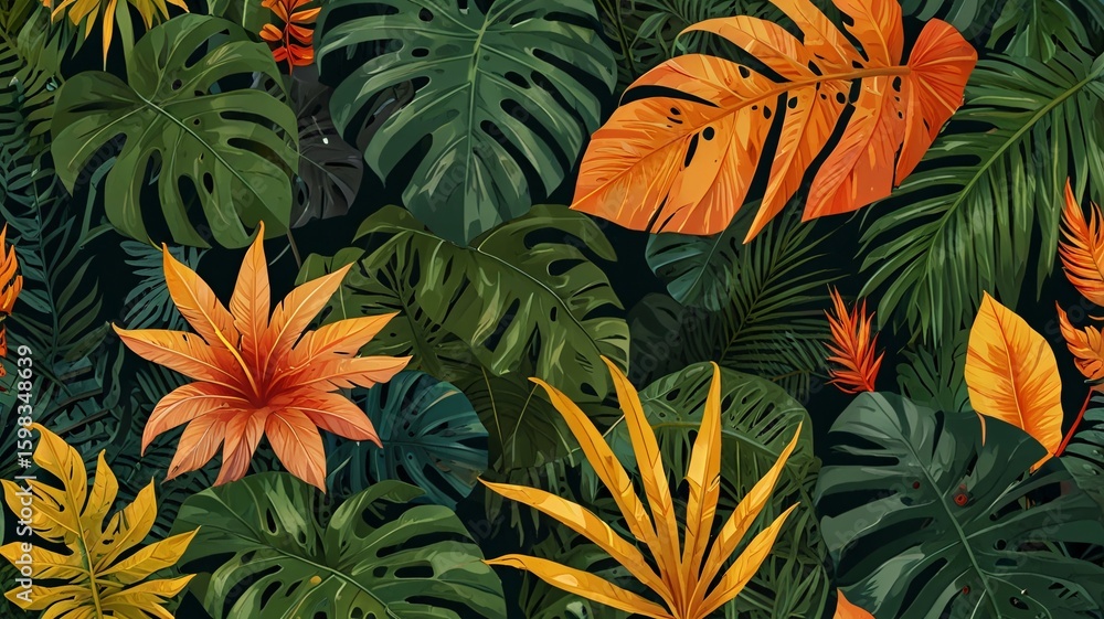 Naklejka premium Vibrant Tropical Jungle Leaves & Exotic Flowers Banner Borders V6
