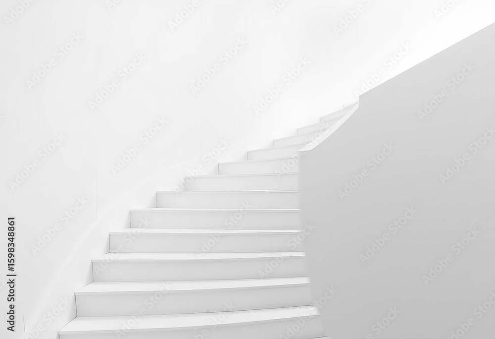 Fototapeta premium A pristine white staircase ascends against a pure white background, showcasing evenly spaced steps, structure, architecture