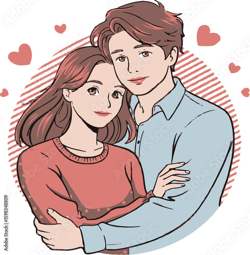 Illustration of a couple embracing with hearts and striped background in soft pastel colors