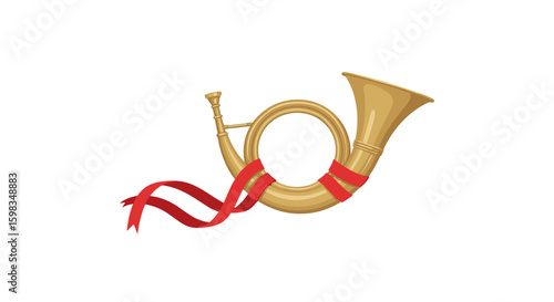 Golden French horn with red ribbon in flat style on white background
