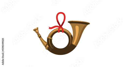 Vintage post horn with red bow in flat style on white background