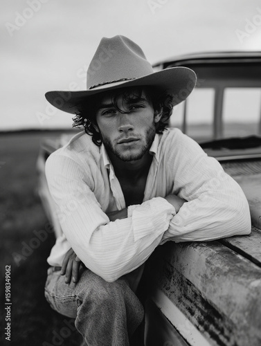 Leaning on a vintage car at twilight, thoughtful gaze cowboy shot, 1980s editorial look, black and white photography, fashion minimalism