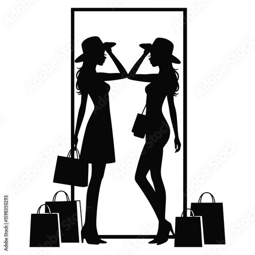 Silhouette of fashionable girl trying on a hat in front of mirror with shopping bags on floor, retail scene isolated black and white vector illustration