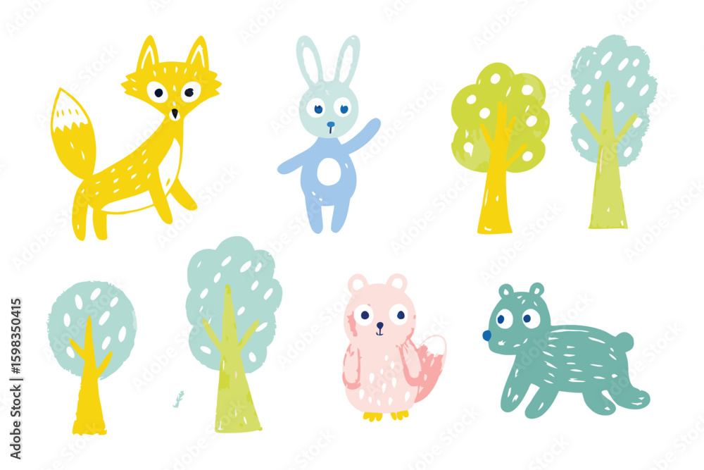 Naklejka premium Whimsical Woodland Illustration: A delightful illustration featuring adorable woodland creatures, a charming fox, a friendly rabbit, a sweet squirrel.