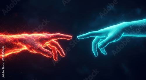 Two hands reaching towards each other symbolizing creation and connection with fiery and electric energy