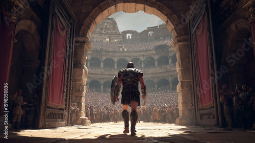 Roman gladiator striding confidently through packed Colosseum, muscular figure preparing for epic battle amid roaring spectators