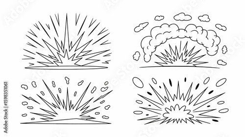 Explosion Burst Set in Comic Style Illustration with Star Shaped Rays and Cloud Puffs Design Elements