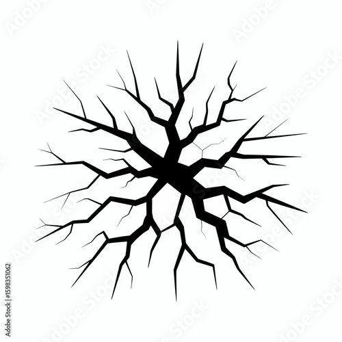 Fractured Surface Vector Illustration Showing Cracks Radiating Outwards from a Central Point on a White Background
