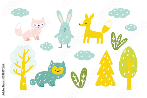 Whimsical Woodland Critters: Adorable cartoon animals and trees adorn a charming, childlike illustration, evoking a sense of playful fun and the innocence of childhood.