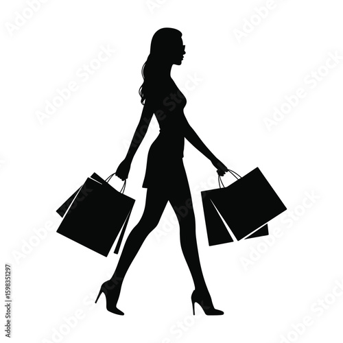 Silhouette of stylish girl walking with multiple shopping bags in both hands, wearing high heels and sunglasses, side view isolated black and white vector illustration