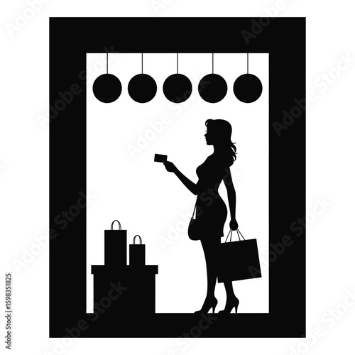 Silhouette of woman standing in front of shop window holding credit card, window shopping pose isolated black and white vector illustration