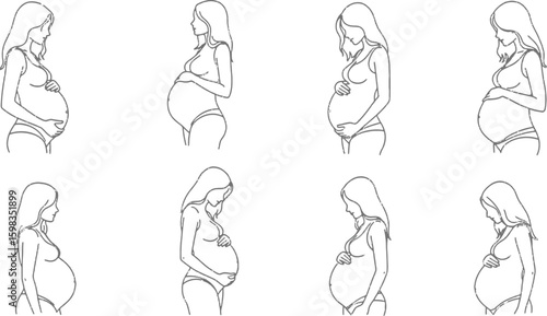 Vector art of line art illustration of a pregnant woman in various stages isolated on white background