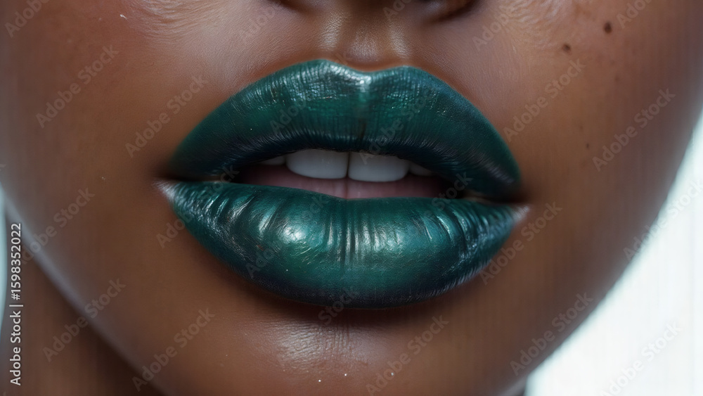 Fototapeta premium Close-up of dark skin woman's lips with glossy emerald green lipstick. Beauty shot of plump lips with emerald lipstick on a woman of color.