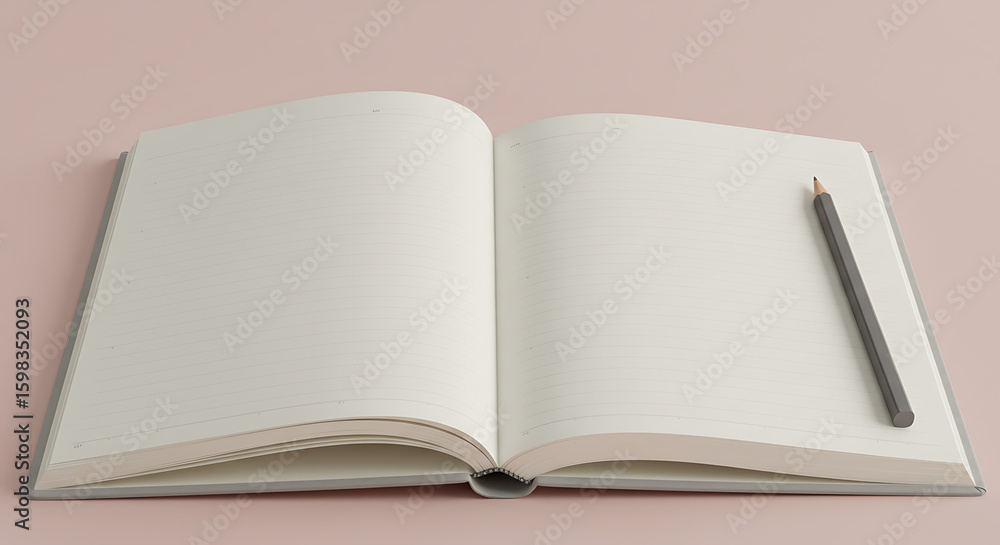 Fototapeta premium Open journal with lined pages and a pencil rests on a soft pink surface, inviting ideas.