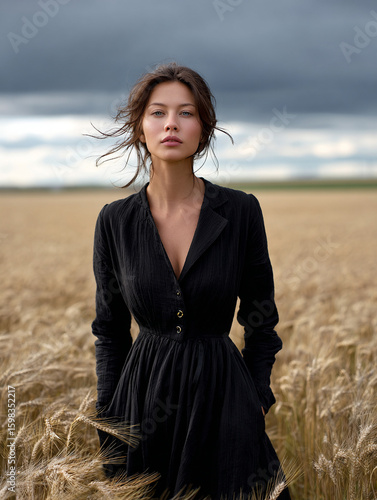 Full shot of a woman standing in a wheat field in heavy wind, simple black dress, dramatic clouds natural light, golden-brown tones, emotional presence, minimal makeup