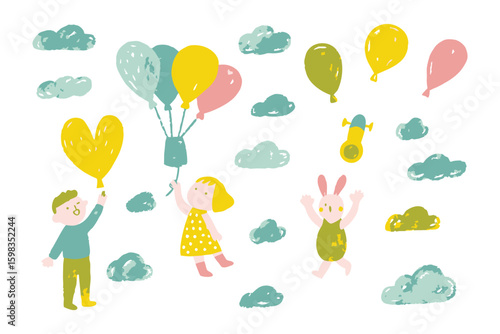 Childhood Dreams Ascending:  Whimsical Illustration of children and rabbit play in a world of pastel balloons and fluffy clouds, evoking a sense of innocent fun and soaring imagination.