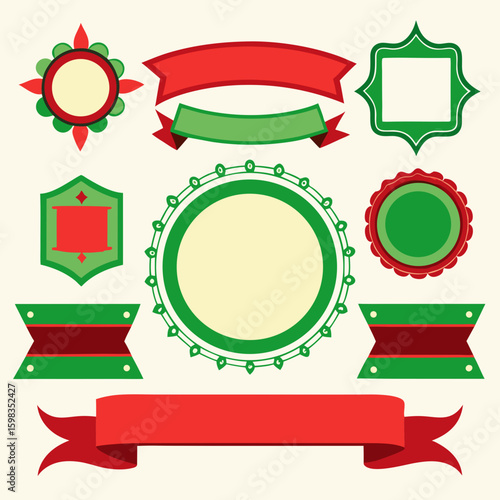 Collection of festive red and green decorative frames and banners for design