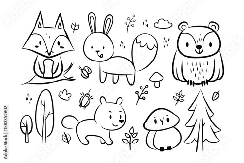 Adorable Forest Fauna Sketch: An assortment of sketched forest animals and elements, perfect for adding a touch of whimsy to any project. Featuring a friendly fox, a curious rabbit, a wise owl.