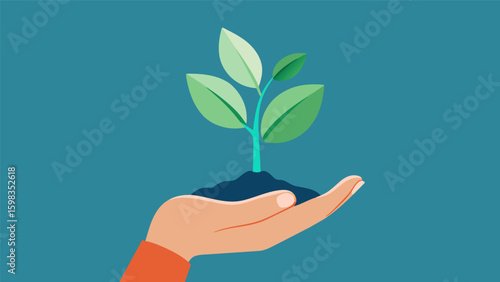 A hand holding a small plant illustrating nurturing and growth.. Vector illustration