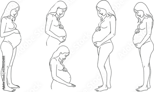 Vector art of outline illustration of a pregnant woman in various positions isolated on white background
