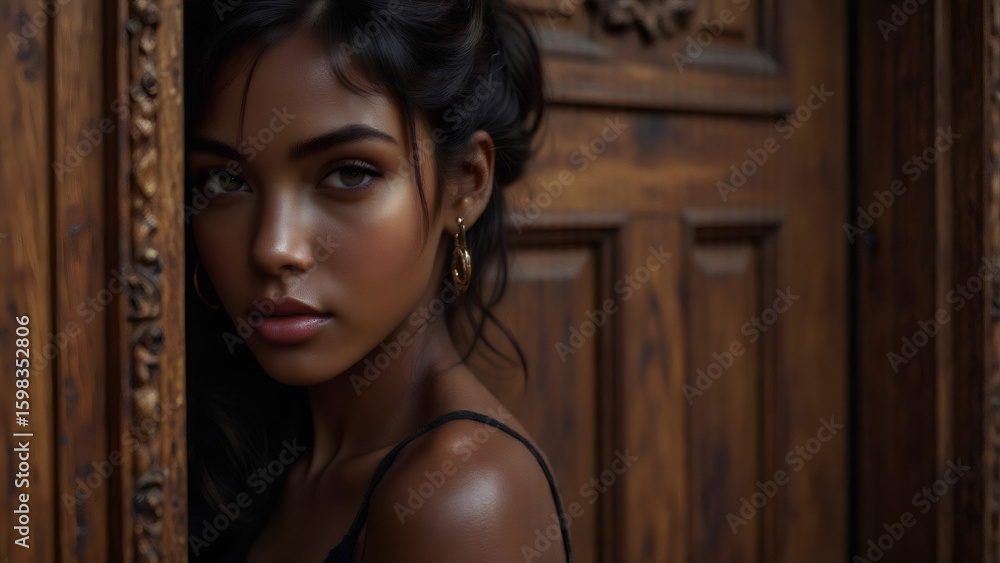 Fototapeta premium Portrait of a Beautiful Dark-Skinned Woman with Elegant Gold Earrings and Glowing Skin, Natural Beauty Concept