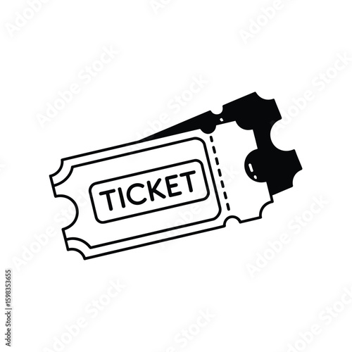 Simple black and white illustration of a single ticket with the word ticket