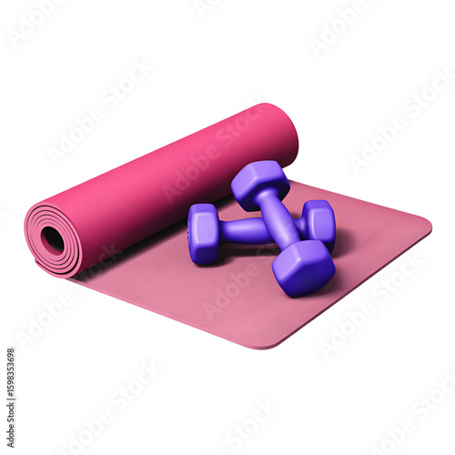 Pink yoga mat and purple dumbbells isolated on transparent background
