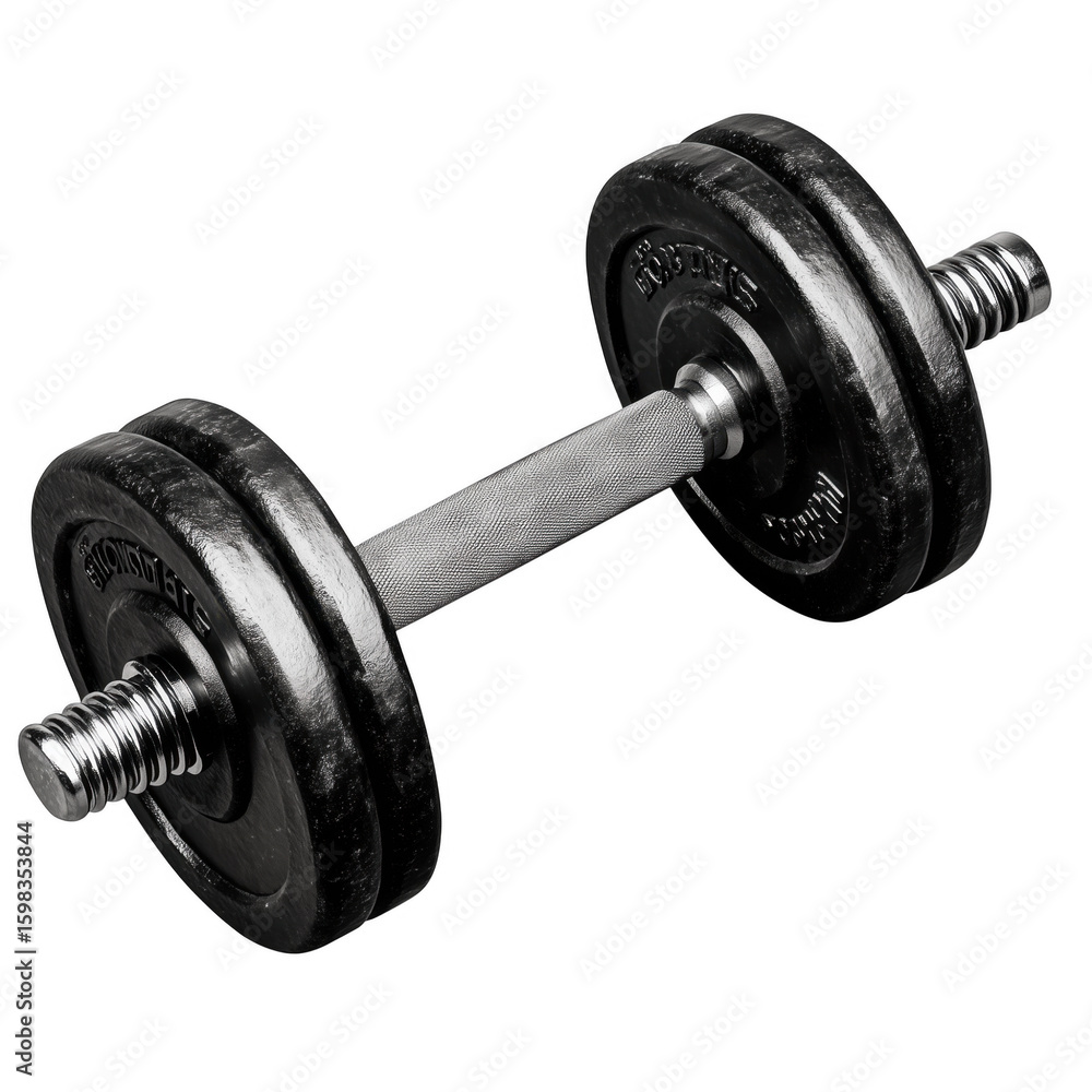 Naklejka premium A professional studio shot of a classic black and chrome dumbbell on white background