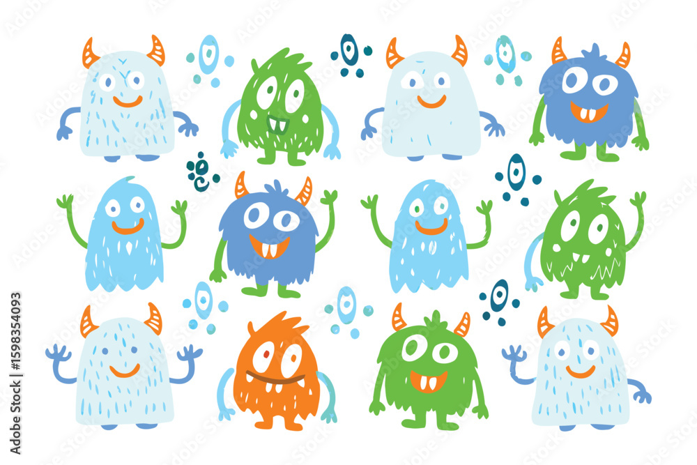 Obraz premium Playful Monster: A collection of cheerful cartoon monster characters, each with unique characteristics and vibrant colors, inviting a sense of childlike wonder.