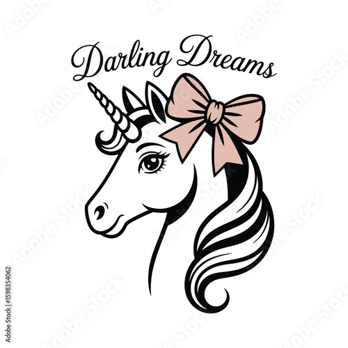 Unicorn face with oversized bow on forehead in girly cute fashion theme, black and white vector illustration