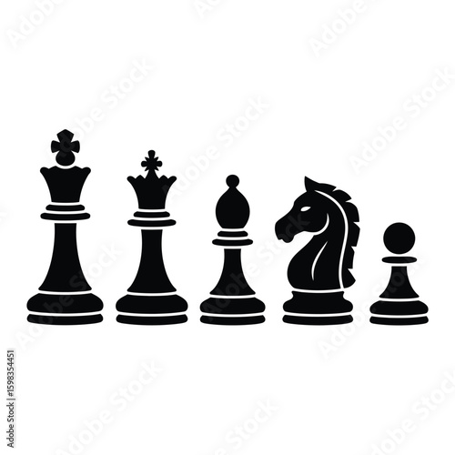 Black silhouette chess pieces king queen bishop knight and pawn on white background