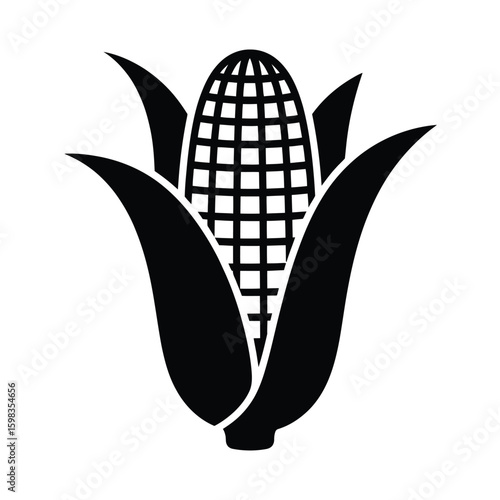 Stylized black and white icon of a corn cob with leaves