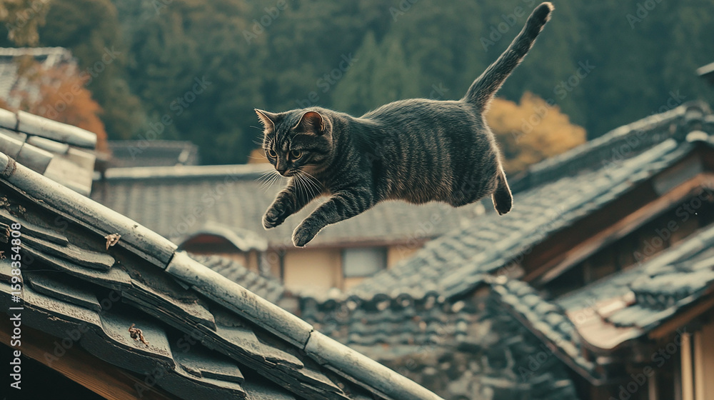 Obraz premium Cat Leap Over Rooftops: A sleek domestic cat leaps gracefully across the rooftops. Capturing the essence of agility and urban adventure.