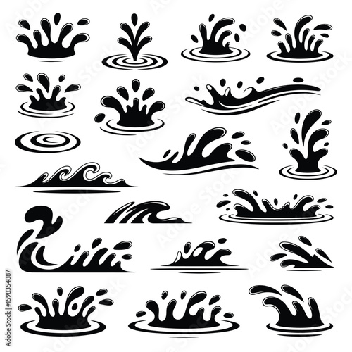 Collection of black and white water splashes and waves