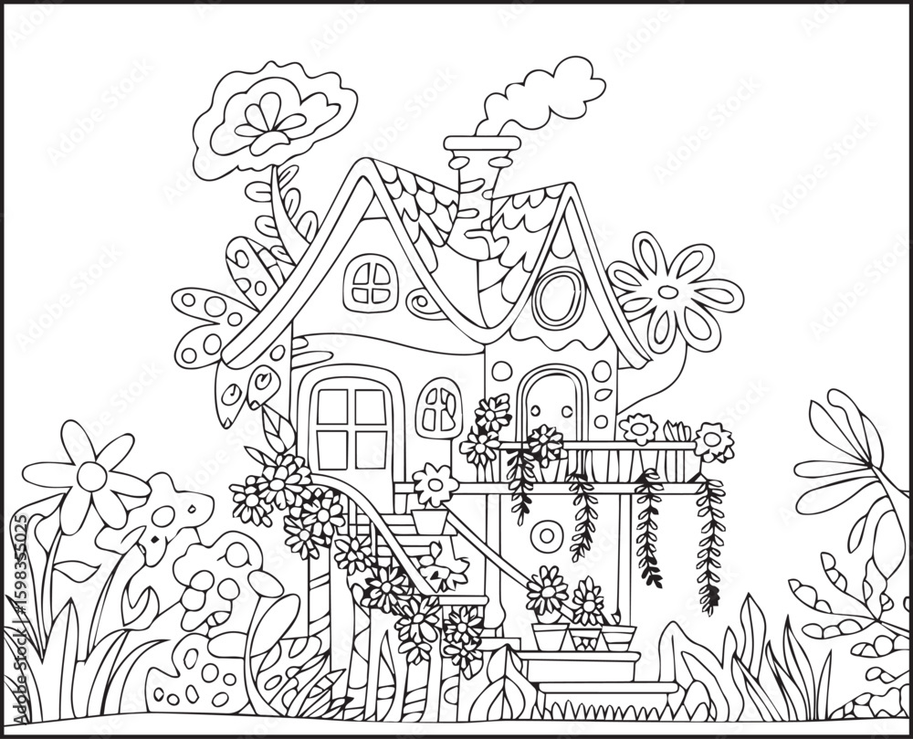 Obraz premium Magical dream house surrounded with flowers and mushrooms in nature black outline vector coloring page for kids and adults