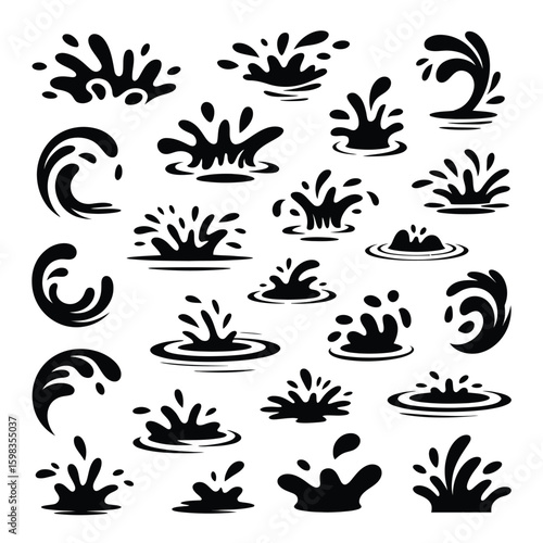 Collection of black and white water splashes and waves