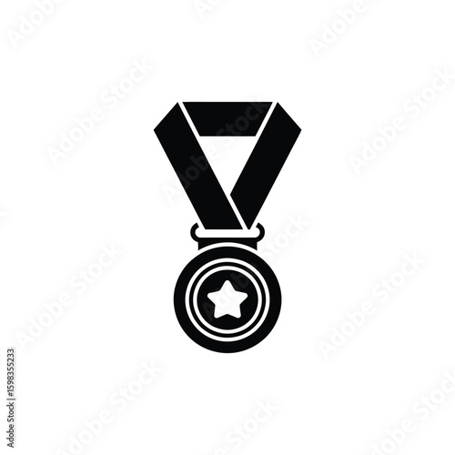 Black and white icon of a medal with a star and ribbon