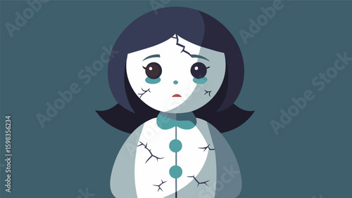 A cracked porcelain doll with a pained expression symbolizing the fragility and vulnerability of ones mental state during an anxiety attack.. Vector illustration