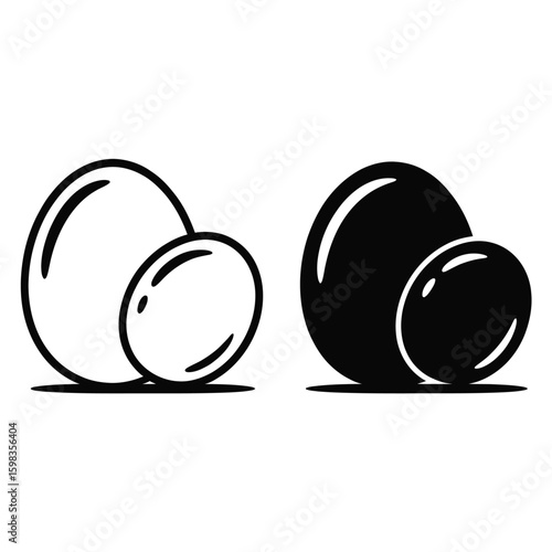 Two stylized eggs in outline and solid black silhouette against a white background