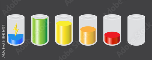 3D battery charge design on gray background. Full charge energy for mobile phone. Accumulator indicator vector icon of power level.